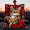 1pc Cat Floral Print Print Outdoor Blanket, Lightweight Polyester,