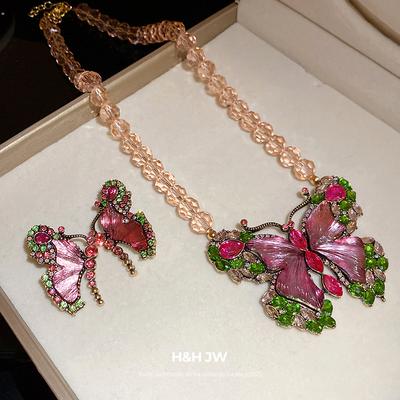Vintage Rhinestone Resin Butterfly Necklace Earrings Luxury Women Jewelry