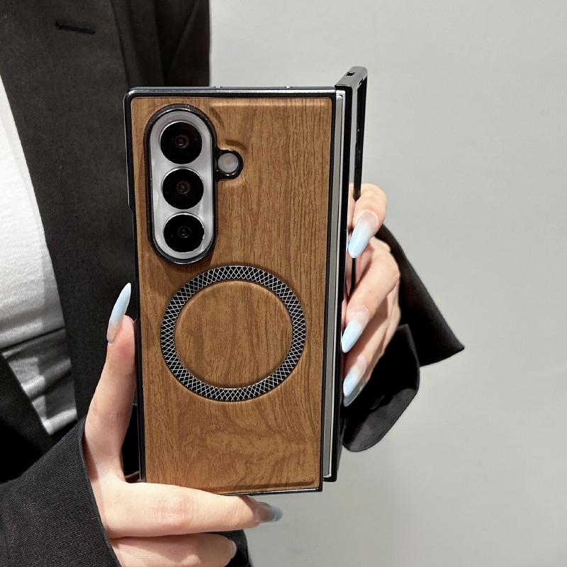 MagSafe Magnetic Wireless Charging PC+ Imitation Wood Grain Leather Phone Case For Samsung Z Fold 7 6 5 4 3 Folding Back Cover