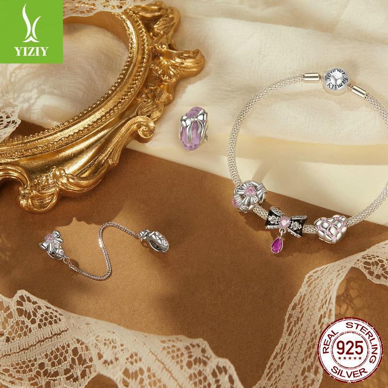 Romantic Pink Bow Diy Bracelet Beaded Accessories, Sweet Girl Heart S925 Sterling Silver Glazed Beads