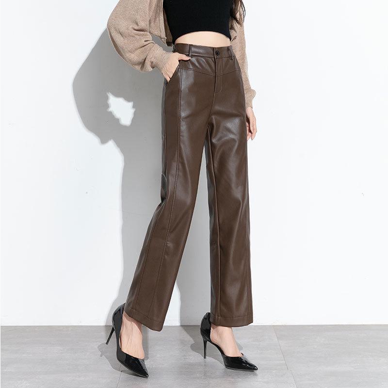 Haining Women's 2025 High-Waist Leather Pants: Slimming, Wide-Leg, Pure Sheepskin, Casual Style
