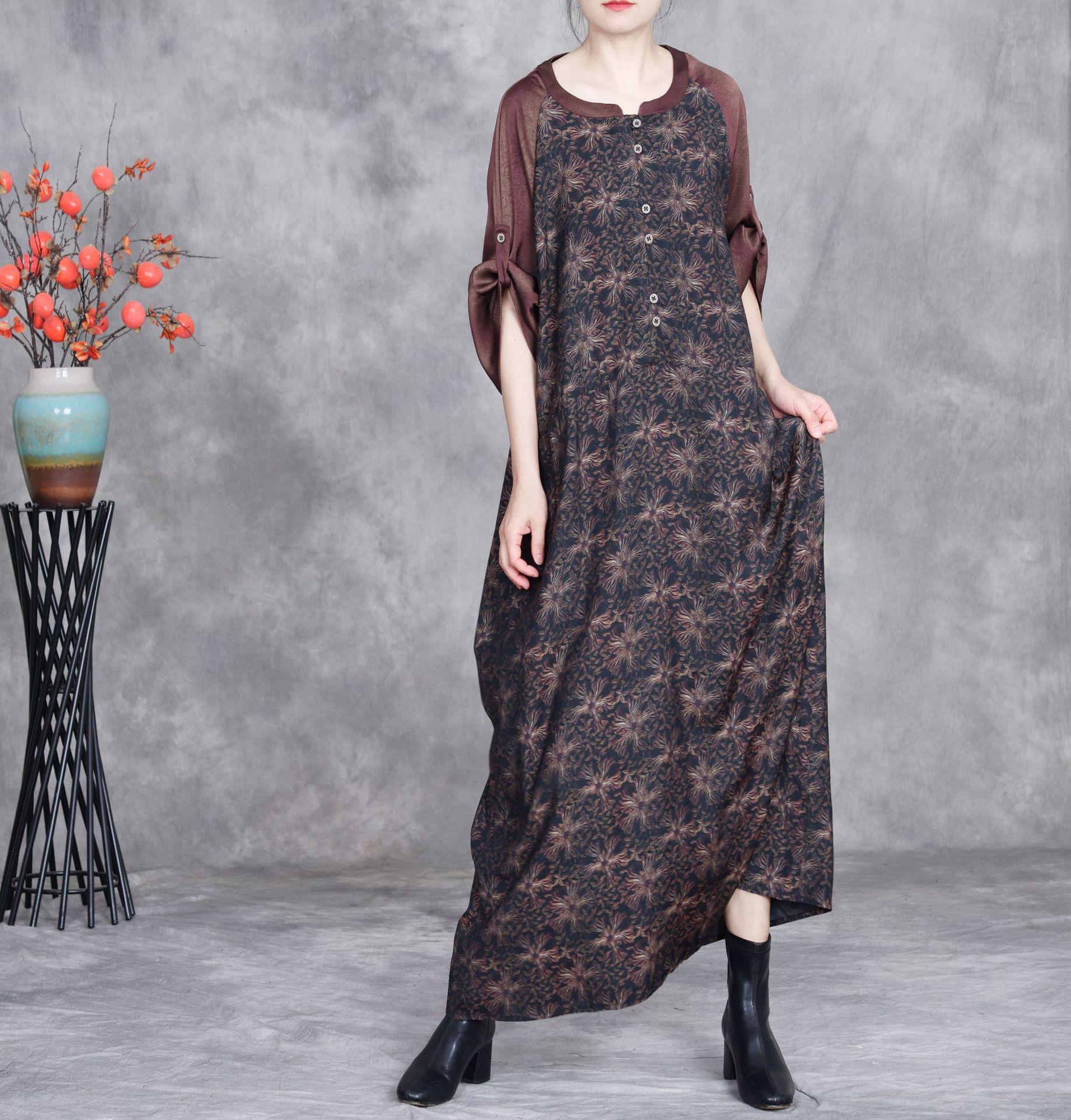 

Johnature Women Vintage Print Floral Dresses O-Neck Seven Sleeve Spring A-Line High Quality Women Dress One Size