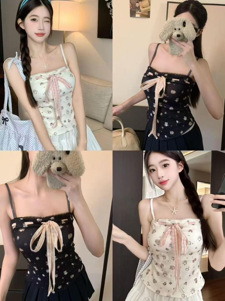 2026 Spring/Summer Slimming Bow Tie Camisole Vest with Padded Bust and Fun Print for Women