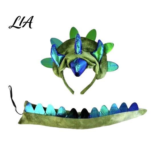Dinosaur Outfit for Family Triceratops Headband and Tail Set Adults Kids, DIY Three Halloween Party Costume Horn Dragon Accessories Dress Up Role