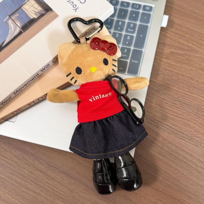 Sanrio Cartoon Hello Kitty Black Skin Long Legs Series Ladies' Set Sweet Cool Style Fluffy Plush Stuffed Doll Keychain Girl Gift