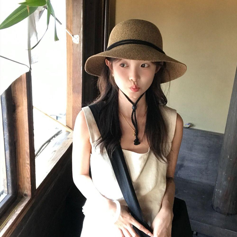 Foldable Women's Straw Hat Summer Visor Cap Retro Straw Bucket Hat  Men Women