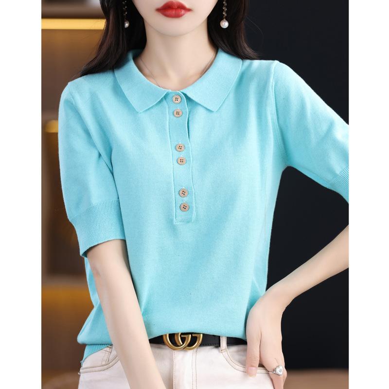

Summer Sweater Short-sleeved Women s Button Solid Color Pullover Bottom Shirt Top XXL чорний