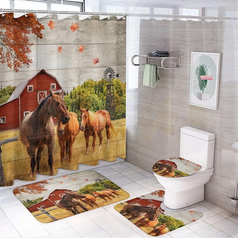 Rustic Aztec Horse 4 Pieces Shower Curtain Set,Boho Abstract Tribal Farmhouse Western Desert Horse Non-Slip Rugs Toilet Lid Cover Bath Mat and