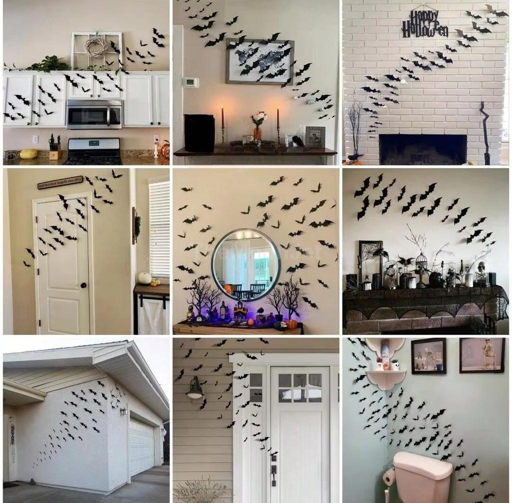 12pc/set Halloween 3d Bat Wall Stickers Black PVC Bat Halloween Party Decorations Home Bedroom Bar Horror Props Party Supplies