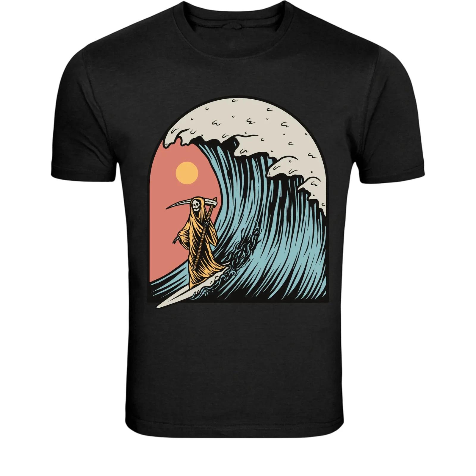 Grim Reaper Surfing Wave T-Shirt - Dark Ocean Surf Graphic Tee XXL