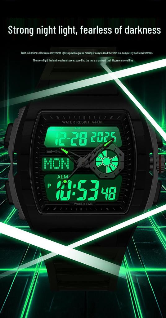 SANDA Barrel-Shaped Men's Watch: Dual Display, 50M Waterproof, Luminous, World Time, Stylish & Versatile