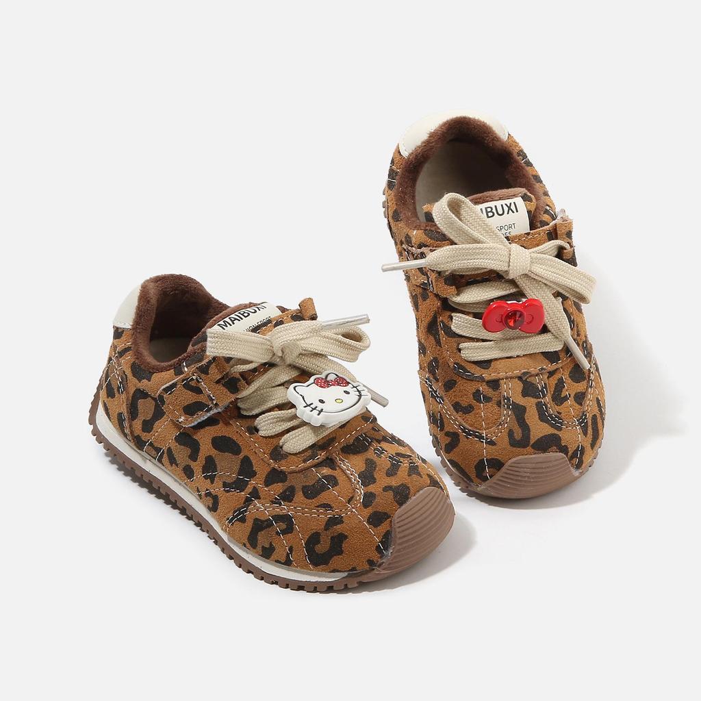 2025 Winter Leopard Print Velvet Baby Walker Shoes for Girls, Warm Casual Toddler Shoes, Sizes 3-6 Years