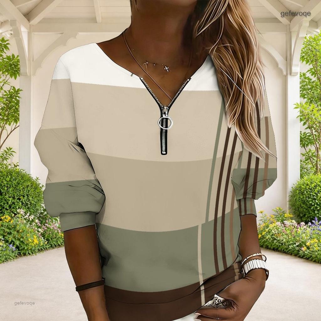 Women Plus Size V Neck Front Zip Long Sleeve Geometric Printed Sweatshirt Off White Black Orange