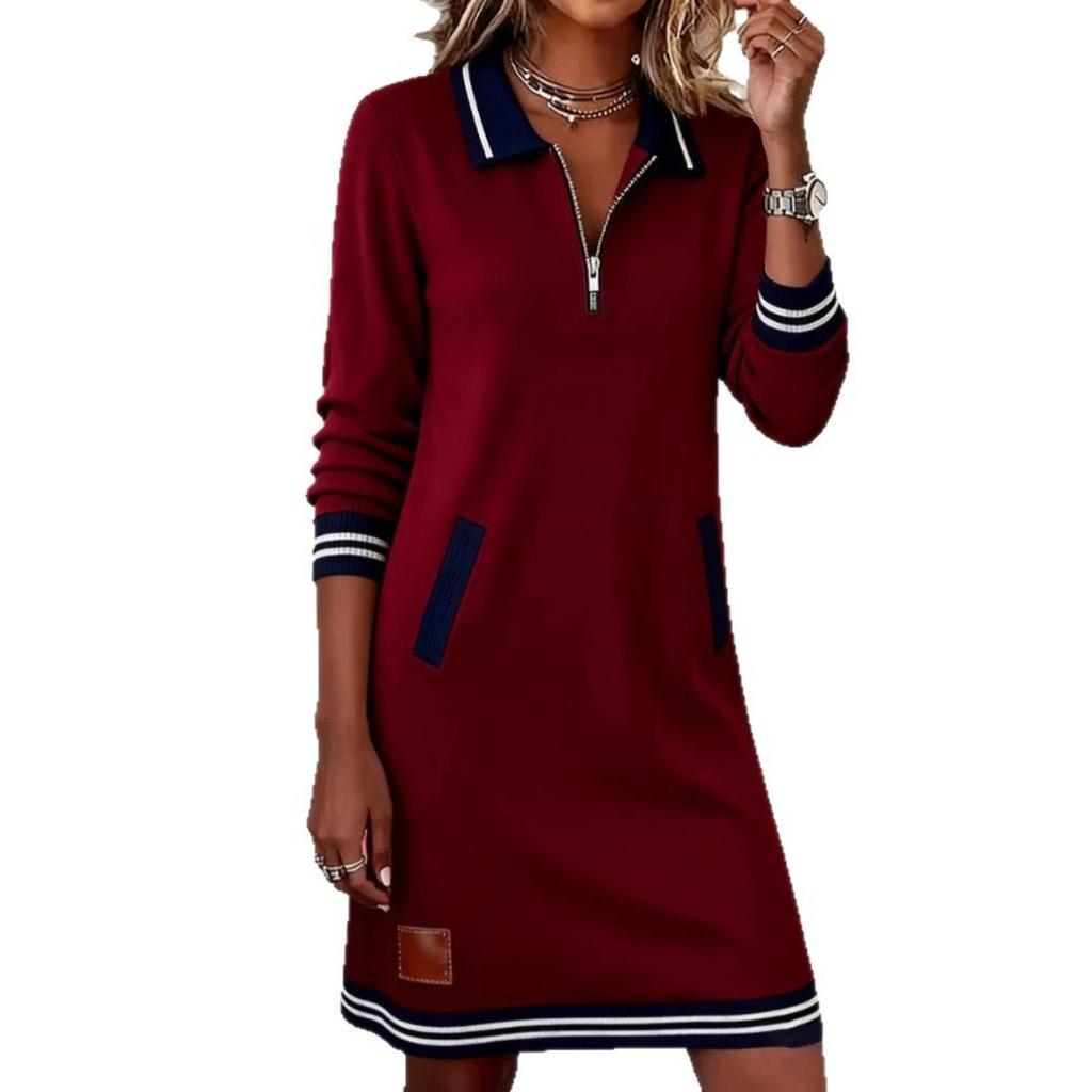 Fall Winter Women's Casual Color Block Dress Zip Collar Long Sleeve Pockets Dress European American Style