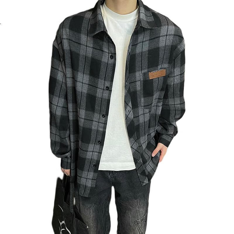 Homlean American Retro Plaid Shirt for Men, Spring And Summer Hong Kong Style Loose Casual Long-Sleeve Shirt Jacket HL09 Coffee Plaid 5XL