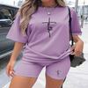 Women's Casual Faith Cross Letter Pattern T-Shirt Short Sleeve Shorts Set