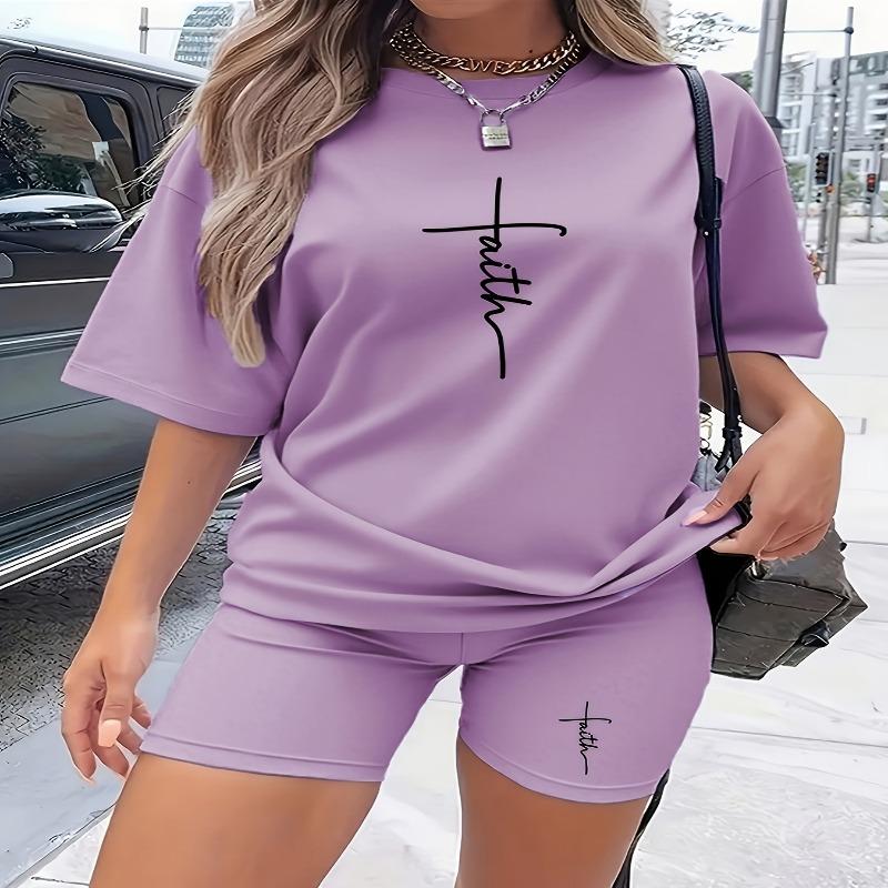 Women's Casual Faith Cross Letter Pattern T-Shirt Short Sleeve Shorts Set