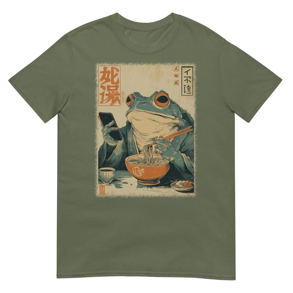 Funny Grumpy Frog Eat Raunisex And Scroll Phone Japanese Art Tshirt
