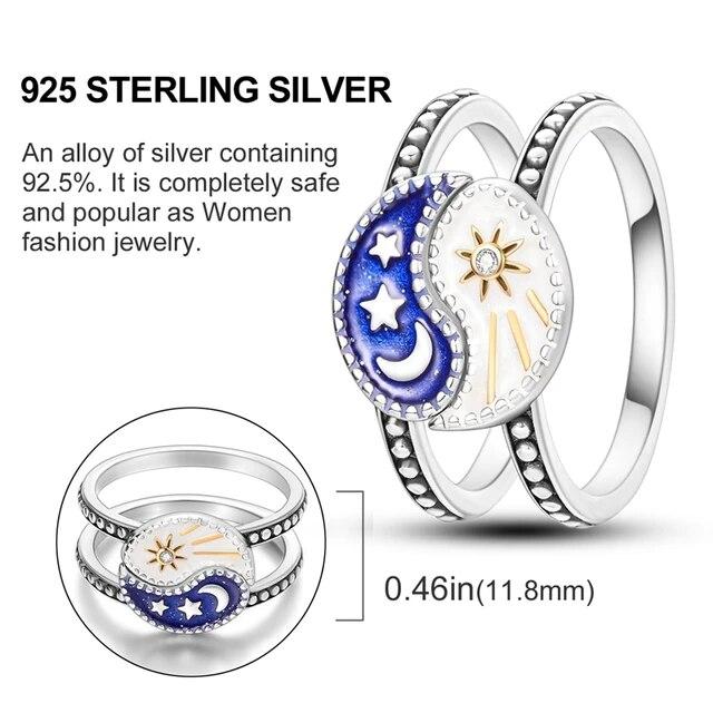 Double Rings Sun With Moon Enamel Zircon Silver Color Finger Rings For Women Girl Female Luxury Party Engagement Jewelry