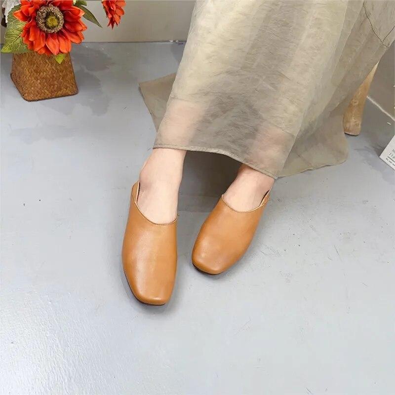 Johnature Zapatos planos poco profundos de cuero genuino con punta redonda y suela blanda, mocasines casuales de color sólido para mujer