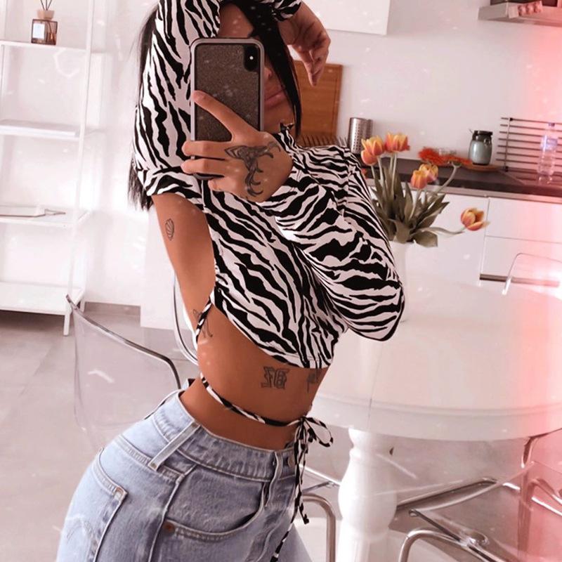 Animal Zebra Print Backless Cropped Tshirt Women Sexy Long Sleeve T-shirt Ladies Fashion Crop Tops Tees Streetwear