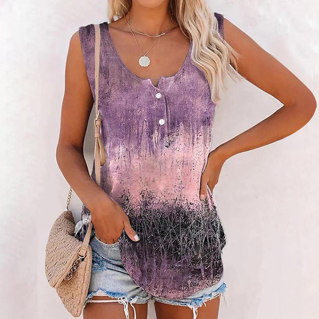 Ladies Printed Stripe Button Sleeveless Casual Tank Top Casual T-Shirt For Womens
