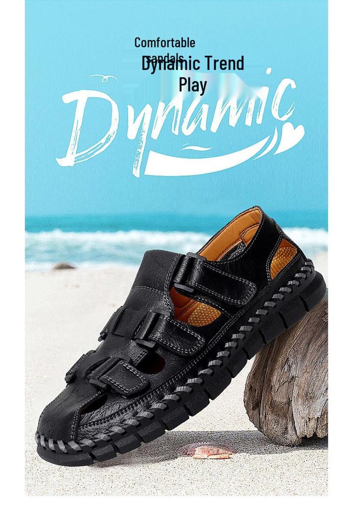 Men's Large Closed-Toe Handmade Leather Sandals, Breathable & Perforated for Beach