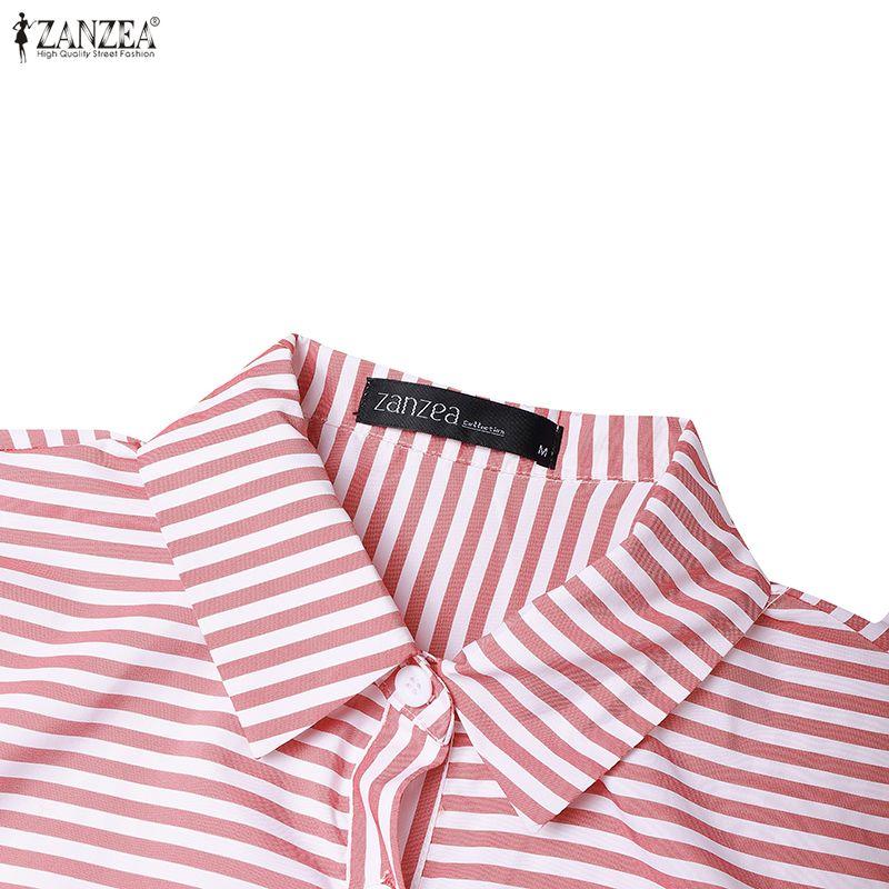 ZANZEA Women Casual Turn Down Collar Long Sleeve Loose Stripe Dress