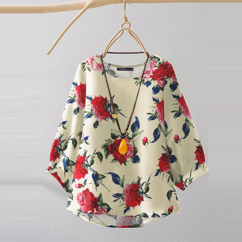 

ZANZEA Женская повседневная блузка с рукавом 3/4 и круглым вырезом с цветочным принтом 5XL белый