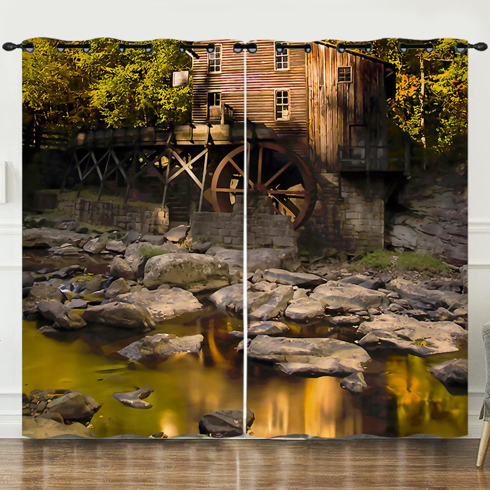 Curtain Oil Painting Landscape Firefly 3D Digital Printing Blackout Curtain Punching