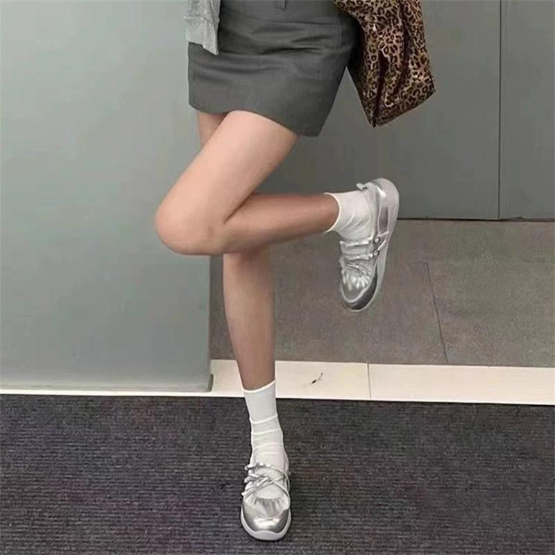 Modne Srebrne Buty Mary Jane dla Kobiet Trampki Modne Eleganckie Kokarda Pasek Krzyżowy Klamra Codzienne Miękka Skóra Platforma Buty Baleriny