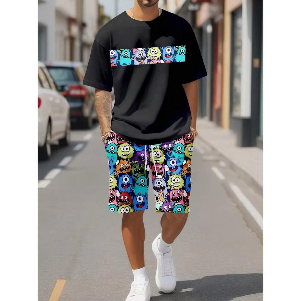 Cute Cartoon Print Summer Casual Men's Suit Urban Fashion Street Short Sleeved Top and Shorts Casual Lightweight Breathable Comf