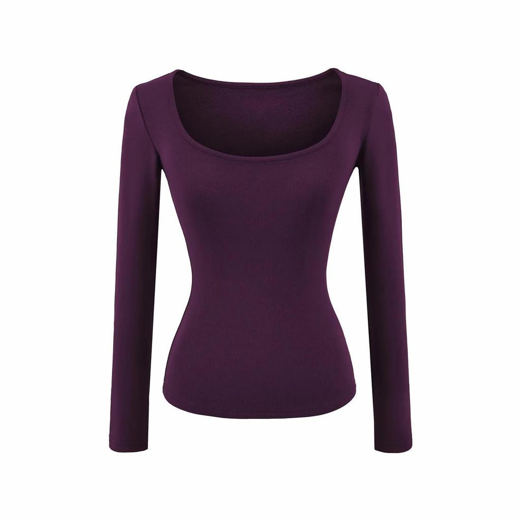 Women's Slim Fit Black U-Neck Long-Sleeve Shirt - Spicy Girl Collection, Perfect Base Layer for Autumn and Winter.