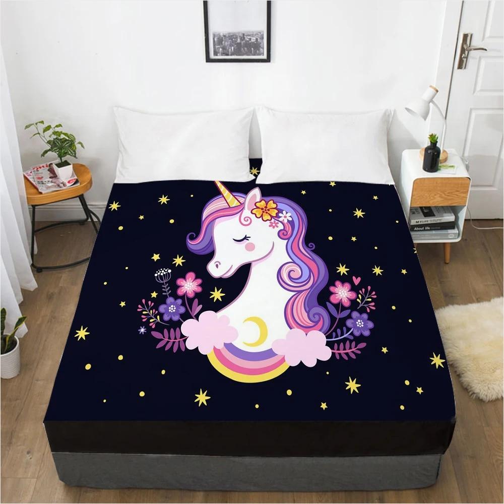 Unicorn Cartoon Fitted Sheets Mattress Cover With Elastic Band 3D Bed Sheet LinensFor Baby Kids Child Girls Boys 160x200 180x200