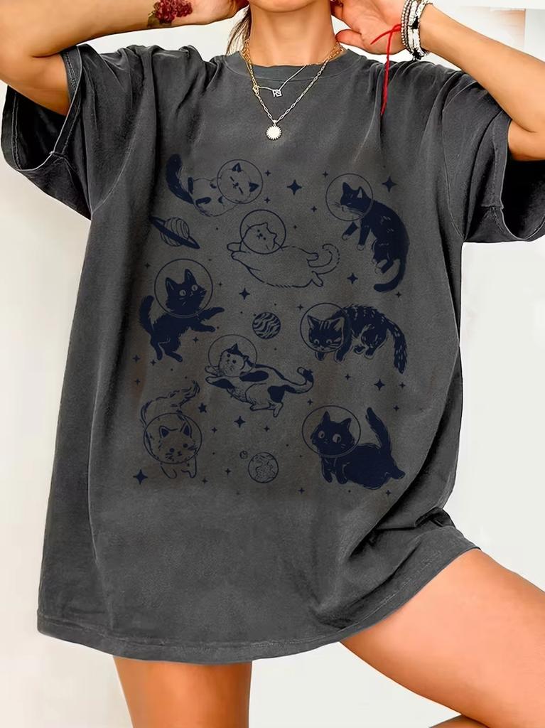 Streetwear Vintage Cats Dogs In Space Livin' The Dream T Shirt Gift Tee Women Men Cotton Oversized Summer Boho Hippie Aesthetic