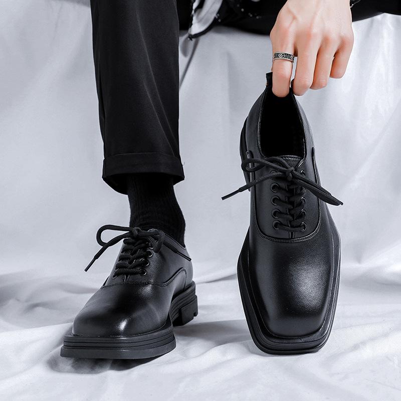 Men Fashion Square Toe Shoes Lace-up Oxfords Shoe Punk Rock Dress Black Stylish Genuine Leather Footwear  Designer Sneakers