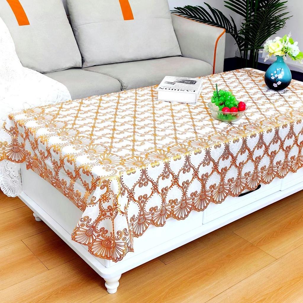 Waterproof Tablecloth Household Rectangular Oilproof PVC Plastic Tablecloth Golden Bronzing Printing Table Cover Table Mat Nappe