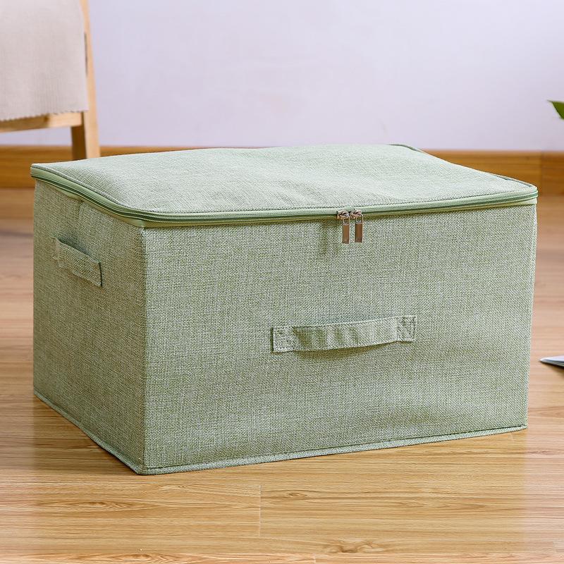 Cotton Linen Storage Box with PP Padded Bottom Foldable Zippers Storage Bag Organizer Case for Seasonal Duvets Clothes Bedding