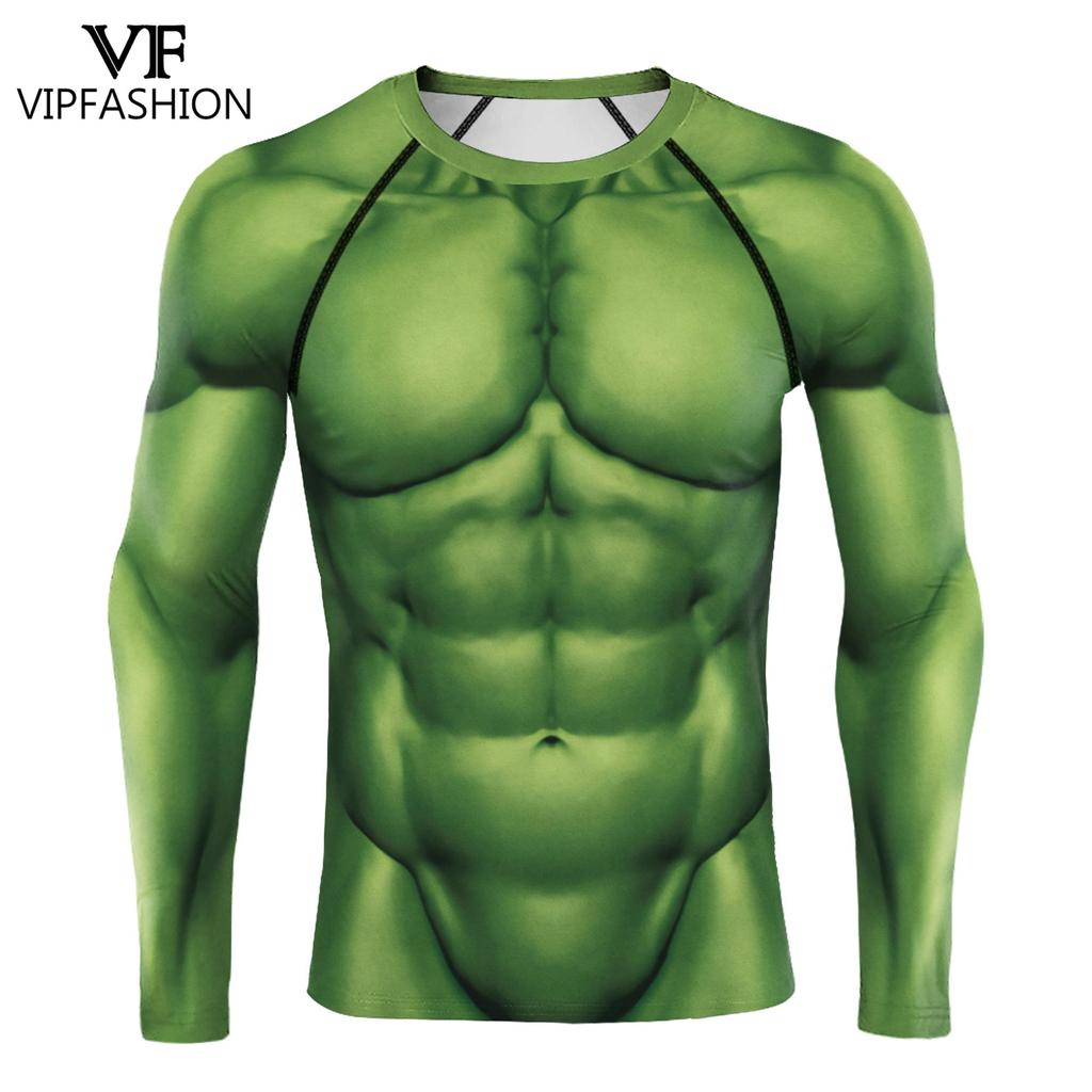 VIP FASHION Grünes Muskel-T-Shirt für Herren, Superhelden-Kompressionsshirt, Top, T-Shirt für Männer, langärmelig, Fitnessbekleidung, Cosplay, Partykleidung