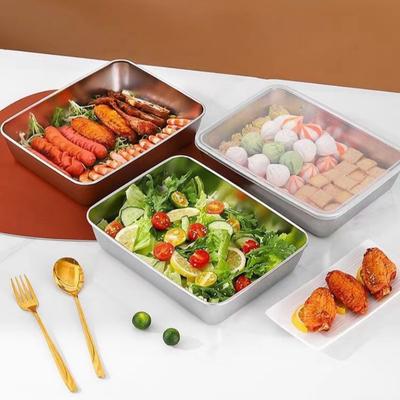 Thickened Square Plate Stainless Steel Rectangular Food Storage Pan With Lid Commercial Dish Tray Freshing Lunch Box Container