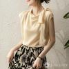 J-Scott Ribbon Neck Blouse with French Sleeves and Bow Tie, Simple, Shiny, Beige, JS52-BG-XL (Limited Stock)