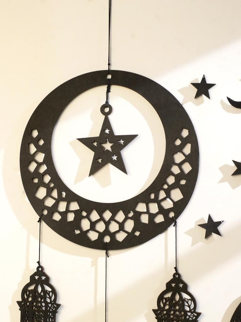 Black Wooden Hanging Lanterns Crescent Moon with Star Cutouts and Tassel, for Ramadan and Eid, Islamic Festival Home Decorations