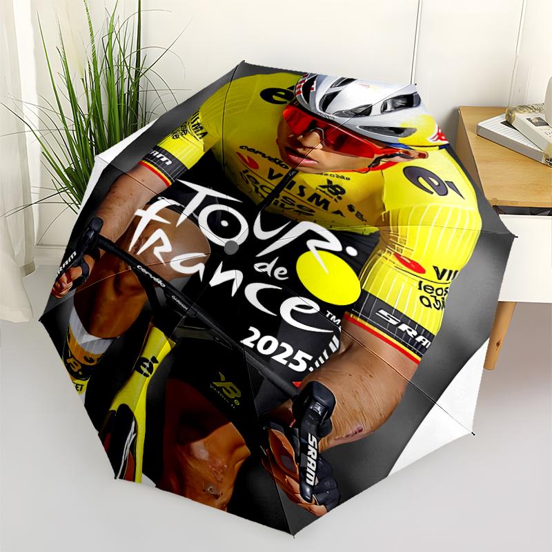 Tour de France Print Automatic Umbrella, 8 Rib Iron Frame, Plastic Handle, Suitable for Outdoor Travel &Daily , Ideal Gift