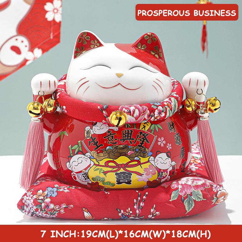 7 inch Ceramic Lucky Cat Statue Maneki Neko Porcelain Fortune Cats Figure Money Bank Feng Shui Decor Ornament Home Centerpiece