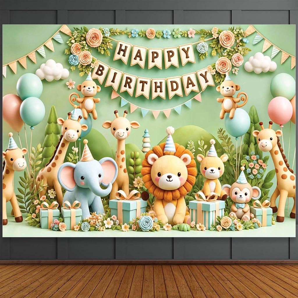 Cartoon Jungle Zoo Children's Birthday Party Decoration Photography Background Cloth Banner