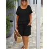 Spring/Summer 2026 Cotton Linen Two-Piece Set with Ruffled Short Sleeve Top and Pocketed Shorts