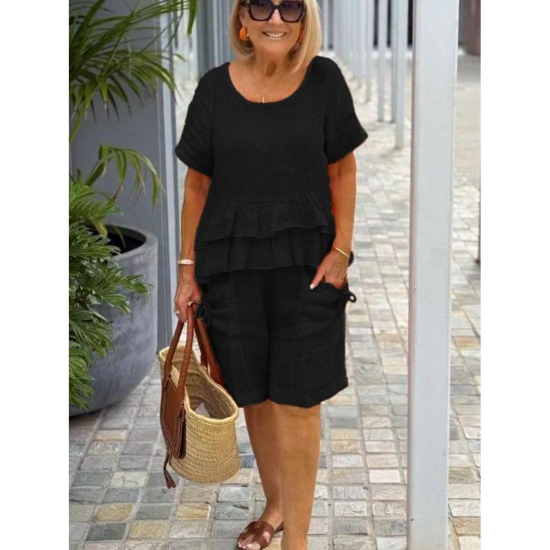 Spring/Summer 2026 Cotton Linen Two-Piece Set with Ruffled Short Sleeve Top and Pocketed Shorts