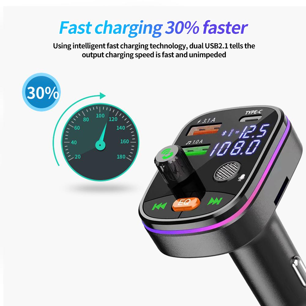 Bluetooth 5.0 Car FM Transmitter Dual USB 3.1A Type-C Car Charger Ambient Light Handsfree Car Kit Mp3 Player Support  TF Card AE