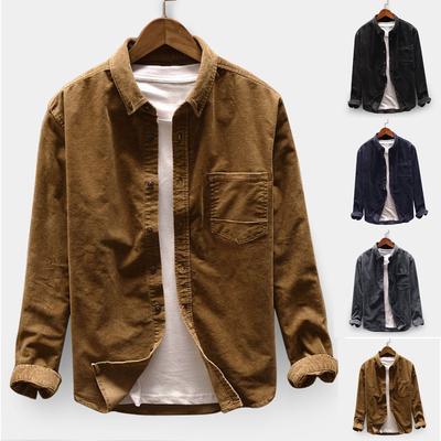 Mens  Fashion Shirts Casual Long Sleeve Solid Tops Corduroy Casual Blouse
