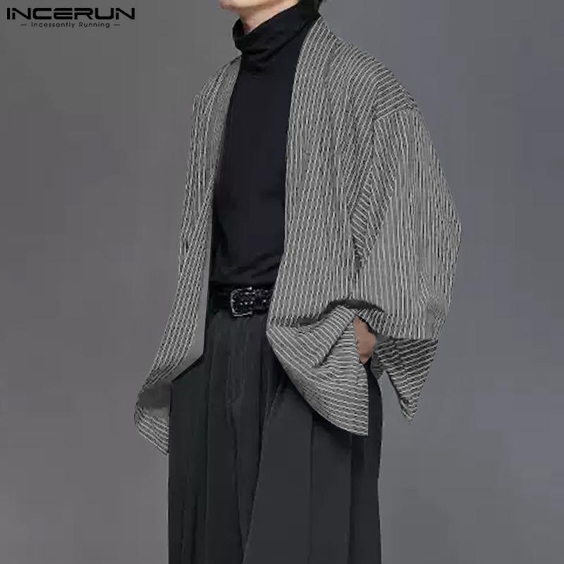 INCERUN Men Batwing Sleeve Open Front Striped Casual Kimono Cardigan Tops